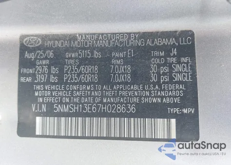 2007 Hyundai Santa Fe Limited/Se из США, поврежденный, VIN 5NMSH13E67H028636